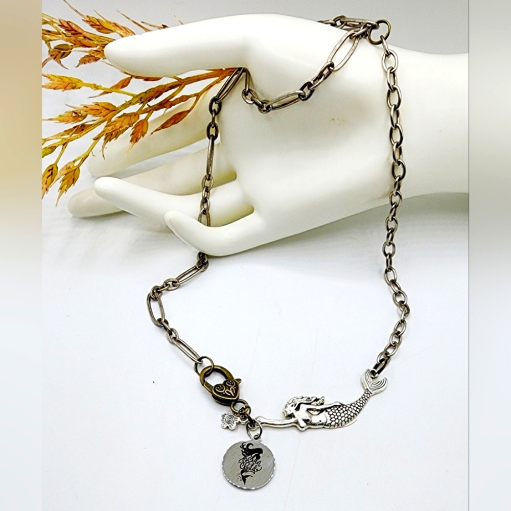 Antique silver chain necklace, mermaid connector, 23inch
